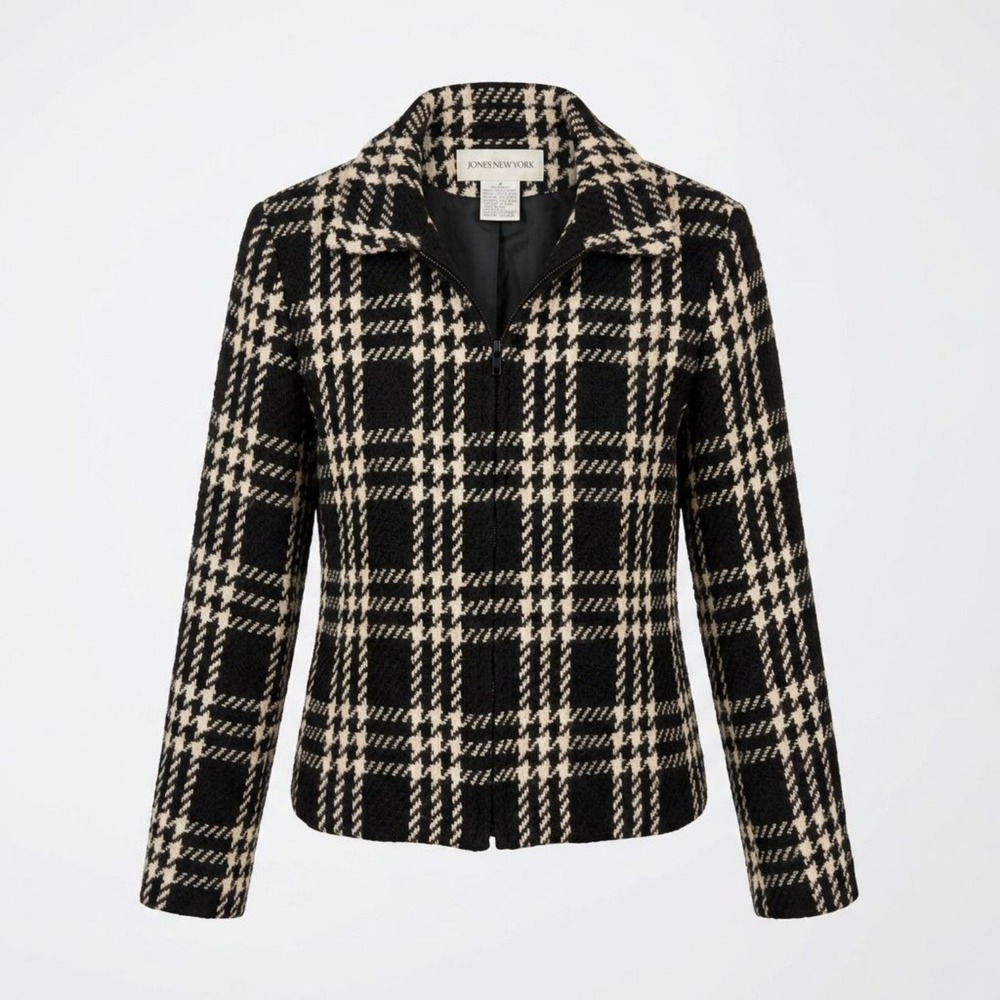 Jones New York Blazer Jacket Women Size 8 Black Cream Plaid Tailored Vintage
